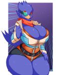  absurd_res anthro avian bandanna big_breasts bird blue_body blue_feathers breasts busty_bird cleavage cleavage_overflow clothed clothing corvid corvus_(genus) cosplay crow falco_lombardi feathers female hi_res huge_breasts jacket jaeh nintendo solo star_fox topwear video_games zipper 