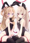  2girls animal_ears bare_arms bare_shoulders between_legs black_legwear black_leotard blonde_hair bow bowtie breasts brown_hair bunny_ears bunny_girl bunny_tail bunnysuit cleavage commentary_request detached_collar embarrassed fake_animal_ears furrowed_eyebrows groin hairband highleg highleg_leotard highres kamu_(geeenius) leotard long_hair looking_at_viewer multiple_girls nekomugiharu one_side_up original purple_eyes red_eyes red_ribbon ribbon small_breasts smile strapless strapless_leotard tail tearing_up thighhighs thighs wavy_mouth wrist_cuffs 