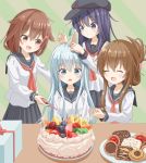  4girls :d :o ^_^ akatsuki_(kantai_collection) birthday birthday_cake black_headwear black_skirt blue_eyes blue_hair brown_eyes brown_hair cake candle cherry chocolate closed_eyes commentary_request cookie eyebrows_visible_through_hair flat_cap folded_ponytail food fruit fujii_tatsuya gift hair_ornament hairclip hat hibiki_(kantai_collection) holding ikazuchi_(kantai_collection) inazuma_(kantai_collection) kantai_collection kiwi_slice kiwifruit lighter long_hair multiple_girls neckerchief open_mouth party_hat party_popper plate pleated_skirt red_neckwear sailor_collar school_uniform serafuku sitting skirt smile strawberry upper_body verniy_(kantai_collection) 