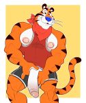  absurd_res anthro anti_dev blue_nose felid frosted_flakes genitals hi_res humanoid_genitalia humanoid_penis kellogg&#039;s male mammal mascot muscular muscular_male nipples pantherine pecs penis simple_background solo stripes tiger tony_the_tiger 