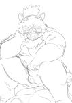  2020 amekomi_lover anal anthro balls blush canid canine canis domestic_dog duo erection genitals hi_res humanoid_hands kemono male male/male mammal monochrome oral overweight overweight_male penis rimming sex simple_background tokyo_afterschool_summoners video_games white_background yasuyori 