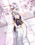  1girl arm_up azur_lane bangs blush braid breast_curtains breasts cherry_blossoms china_dress chinese_clothes dress flower garter_straps gloves hair_between_eyes hair_ornament highres large_breasts looking_at_viewer m_chant pelvic_curtain petals pink_flower red_eyes revealing_clothes short_hair sirius_(azur_lane) sirius_(azure_horizons)_(azur_lane) sitting solo thighhighs white_gloves white_hair white_legwear window 