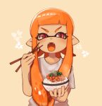  1girl bangs bowl chopsticks daidaiika earrings fangs floral_background holding holding_bowl holding_chopsticks inkling jewelry long_hair looking_at_viewer open_mouth orange_hair pink_background pink_eyes pointy_ears rice rice_bowl shirt short_sleeves simple_background solo splatoon_(series) splatoon_2 upper_body v-shaped_eyebrows white_shirt 