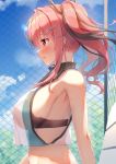  1girl :o armpits azur_lane bare_shoulders black_bra blue_sky bra breasts bremerton_(azur_lane) bremerton_(scorching-hot_training)_(azur_lane) chain-link_fence cloud commentary_request crop_top crop_top_overhang day fence from_side hair_ornament hairclip highres large_breasts long_hair looking_away midriff multicolored_hair nijihashi_sora outdoors parted_lips pink_eyes pink_hair profile see-through shirt sideboob sky sleeveless sleeveless_shirt solo sweat twintails two-tone_hair underwear upper_body x_hair_ornament 