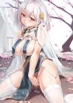  1girl azur_lane braid breast_curtains breasts cherry_blossoms china_dress chinese_clothes commentary_request dress garter_straps hair_between_eyes large_breasts miazi neckwear_between_breasts open_mouth pelvic_curtain pussy_juice pussy_juice_puddle red_eyes revealing_clothes saliva saliva_trail see-through_sleeves sheer_clothes short_hair side_braid sirius_(azur_lane) sirius_(azure_horizons)_(azur_lane) spread_legs thighs two-tone_leotard underboob white_hair white_legwear 