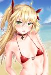  1girl admiral_hipper_(azur_lane) ahoge azur_lane bangs bare_shoulders beach bikini_top blonde_hair blue_sky blush breasts choker green_eyes hair_between_eyes hair_ribbon iron_cross liu5114 long_hair looking_at_viewer mole mole_under_eye ocean open_mouth outdoors red_bikini_top ribbon sidelocks sky small_breasts solo swimsuit two_side_up upper_body 