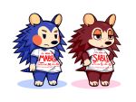  4:3 animal_crossing annoyed anthro blue_body blue_fur blush blush_stickers brown_body brown_fur clothed clothing darkacguy duo english_text eulipotyphlan female freckles fur hands_on_hips hedgehog humor mabel_able mammal nintendo oversized_shirt sable_able shirt simple_background spines tan_body tan_fur text the_more_you_know topwear video_games white_background 