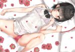  bed black_hair blush bow bra brown_eyes flowers original panties reinama see_through short_hair underwear 