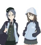  2girls bag bangs beret black-framed_eyewear black_headwear black_jacket black_neckwear black_skirt blue_headwear brown_eyes brown_hair carrying commentary_request cowboy_shot dress_shirt duffel_bag emblem girls_und_panzer glasses grey_eyes grey_hair hand_in_pocket hands_in_pockets hat highres jacket jacket_on_shoulders japanese_tankery_league_(emblem) keizoku_military_uniform korean_commentary long_hair long_sleeves looking_at_viewer mika_(girls_und_panzer) military military_hat military_uniform miniskirt multiple_girls necktie pencil_skirt perfect_han round_eyewear rumi_(girls_und_panzer) school_connection selection_university_military_uniform shirt short_hair simple_background skirt standing tulip_hat uniform white_background white_shirt 