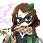  1girl :3 avatar_icon brown_eyes brown_hair chamaji checkered checkered_scarf eyebrows_visible_through_hair futatsuiwa_mamizou futatsuiwa_mamizou_(human) glasses hair_ornament haori holding holding_pipe japanese_clothes kimono kiseru leaf leaf_hair_ornament long_hair looking_at_viewer lowres pince-nez pipe scarf signature smile smoke smoking solo touhou upper_body white_background 