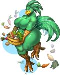  2020 anthro avian basket beak beet big_butt blue_eyes breasts butt carrot chocobo claws curvy_figure daikon feather_hair feathers female final_fantasy food green_body green_feathers gyshal_greens hi_res holding_basket holding_object looking_at_viewer naturally_censored navel nipple_outline nude ocaritna one_leg_up plant potato pseudo_hair radish raised_leg simple_background smile solo sophie_(tabra) square_enix thick_thighs turnip vegetable video_games voluptuous white_background wide_hips 