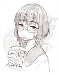  1girl bubble_tea collarbone cup drinking drinking_straw expressionless eyebrows_visible_through_hair glasses greyscale highres holding holding_cup jacy looking_at_viewer mask monochrome original round_eyewear short_hair sign solo stop_sign traffic_light upper_body 