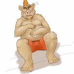  1:1 2011 anthro balls_outline belly blush brown_body brown_fur bulge clothing fur genital_outline humanoid_hands kemono male mammal overweight overweight_male penis_outline poisonkinoko simple_background sitting solo suid suina sus_(pig) underwear white_background wild_boar 