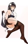  1girl absurdres ass azuma_(azur_lane) azuma_(soft_voice_of_spring)_(azur_lane) azur_lane bare_shoulders black_gloves black_hair black_legwear blush breasts china_dress chinese_clothes cl_(summer_sama) closed_mouth dress eyebrows_visible_through_hair feet flower garter_straps gloves hair_between_eyes hair_flower hair_ornament highres large_breasts legs lifted_by_self long_hair looking_at_viewer pantyhose simple_background solo thighhighs very_long_hair white_background white_flower 