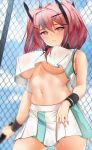  1girl azur_lane bangs bare_shoulders blurry breasts bremerton_(azur_lane) bremerton_(scorching-hot_training)_(azur_lane) chain-link_fence cleavage cloud collarbone commentary crop_top crop_top_overhang depth_of_field eyebrows_behind_hair fence grayfox grey_hair hair_between_eyes hair_ornament hairclip heart heart_necklace highres holding_racket large_breasts looking_at_viewer midriff miniskirt mole mole_under_eye multicolored_hair navel no_bra outdoors parted_lips pink_eyes pink_hair pleated_skirt racket shirt skirt sleeveless sleeveless_shirt sportswear standing stomach streaked_hair tennis_racket tennis_uniform thighs two-tone_hair two-tone_shirt two-tone_skirt wet wet_clothes wet_shirt x_hair_ornament 