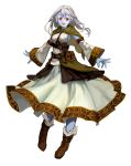  1girl :d belt belt_pouch blue_skin boots capelet commentary_request detached_sleeves dress fantasy full_body fur_trim highres long_hair looking_at_viewer open_mouth original pointy_ears pouch red_eyes smile solo upper_teeth vial white_background white_hair wide_sleeves yy1841 