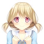  1girl bangs blonde_hair blue_serafuku clenched_hands closed collarbone commentary_request eyebrows_visible_through_hair hair_between_eyes hair_ribbon highres iwamoto_sora looking_at_viewer medium_hair original portrait red_eyes ribbon sailor_collar shiny shiny_hair simple_background smile swept_bangs twintails virtual_youtuber white_background 