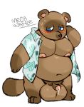  2020 animal_crossing anthro balls belly big_balls blue_eyes blush brown_body brown_fur canid canine clothed clothing fur genitals male mammal megawaffle_(artist) moobs navel nintendo nipples open_shirt overweight overweight_male penis raccoon_dog shirt simple_background solo tanuki tom_nook_(animal_crossing) topwear video_games white_background 