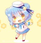  1girl :d bangs beige_background blue_hair blue_neckwear blue_sailor_collar blue_skirt blush brown_eyes chibi commentary_request double_bun eyebrows_visible_through_hair fang floral_background full_body hair_between_eyes hair_ornament hat head_tilt kantai_collection kouu_hiyoyo looking_at_viewer open_mouth outstretched_arms pleated_skirt red_footwear sailor_collar sailor_hat samuel_b._roberts_(kantai_collection) school_uniform serafuku shirt short_sleeves skirt smile solo standing standing_on_one_leg star star_hair_ornament tilted_headwear twitter_username white_headwear white_shirt 