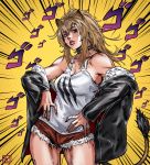  1girl ai_shou animal_ears araki_hirohiko_(style) arknights bangs bare_shoulders black_choker black_jacket black_nails breasts brown_eyes brown_hair choker cleavage commentary cowboy_shot cutoffs emphasis_lines eyebrows_visible_through_hair head_tilt highres jacket jojo_no_kimyou_na_bouken lion_ears lion_tail long_hair long_sleeves looking_at_viewer medium_breasts nail_polish off_shoulder open_clothes open_jacket parted_lips red_shorts short_shorts shorts siege_(arknights) solo standing tail tank_top thighs white_tank_top yellow_background 