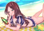  1girl ass bangs beach bikini blue_bikini blurry blurry_background breasts brown_hair checkered collarbone commentary_request day depth_of_field fate/grand_order fate_(series) forehead green_eyes holding innertube legs_up leonardo_da_vinci_(fate/grand_order) leonardo_da_vinci_(rider)_(fate) long_hair lying on_stomach open_mouth outdoors parted_bangs puff_and_slash_sleeves puffy_short_sleeves puffy_sleeves sand short_sleeves small_breasts smile solo star suzuho_hotaru swimsuit thighs very_long_hair water water_gun wet 
