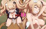  bow bowtie bra breasts cleavage clothed_female_nude_male clothed_sex cowgirl_position cum cum_on_body danganronpa enoshima_junko hairu large_breasts nipples nude smile straddling twintails underwear 