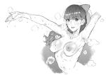  1girl armpits arms_up azukiko bangs blush bow breasts collarbone commentary_request cropped_torso eyebrows_visible_through_hair greyscale hair_bow looking_at_viewer medium_breasts monochrome navel nipples nude outstretched_arm parted_lips persona persona_5 persona_5_the_royal ponytail smile solo sweat upper_teeth wet white_background yoshizawa_kasumi 