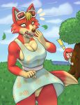  ! 2020 absurd_res animal_crossing anthro audie_(animal_crossing) bilabee blue_eyes breasts canid canine canis clothed clothing collarbone digital_media_(artwork) eyewear female fur genitals grass hair hi_res human male mammal nintendo no_underwear open_mouth outside pussy sky smile sunglasses surprise tongue tree video_games wardrobe_malfunction wolf 