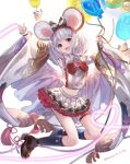  animal_ears arms_up balloon bow fake_animal_ears frilled_skirt frills granblue_fantasy highres holding_balloon kneehighs mohurine_cute mouse_ears red_eyes short_hair skirt striped striped_bow vikala_(granblue_fantasy) white_hair wide_sleeves 