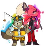  animal_crossing anthro beaver blonde_hair blue_eyes buckteeth bug_net c.j._(animal_crossing) chameleon choker clothing duo eyewear fishing_rod flick_(animal_crossing) freckles goth hair hat headgear headwear hi_res jewelry lizard male mammal necklace nintendo red_body red_scales reptile rodent scales scalie scraffyraccoon sunglasses teeth video_games 