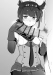  1boy 1girl bangs bar_censor blush bodysuit breasts censored clothed_female_nude_male clothes_writing commentary erection eyebrows_visible_through_hair gloves greyscale hachimaki hair_flaps hairband hand_on_another&#039;s_penis handjob hatsuzuki_(kantai_collection) headband hetero kantai_collection large_penis looking_at_another looking_at_penis mo_(kireinamo) monochrome neckerchief nose_blush nude penis penis_awe penis_grab pubic_hair short_hair simple_background sitting skirt solo_focus steam testicles veins veiny_penis 