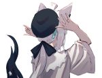  1girl ahoge animal_ears beret black_bow black_headwear blue_ribbon bow dress facing_away fox_ears fox_girl fox_tail hair_bow hands_up hat hololive long_hair low_ponytail nagishiro_mito ponytail ribbon shirakami_fubuki short_sleeves simple_background solo tail tail_raised upper_body virtual_youtuber white_background white_dress white_hair wide_sleeves 