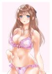  1girl bangs bare_arms blue_eyes blush bow bow_bra bow_panties bra breasts brown_hair cleavage collarbone eyebrows_visible_through_hair frill_trim hair_bow highres koji_(kojikojimdw) large_breasts lavender_bra lavender_panties long_hair loo looking_at_viewer navel original panties parted_lips sidelocks solo underwear underwear_only 