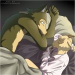  1:1 2020 angora_goat anthro beastars bed bedding blanket bovid canid canine canis caprine clothing domestic_goat duo els_(beastars) eyes_closed female furniture goat hi_res horn legoshi_(beastars) lying male mammal pillow shirt sleeping tommysamash topwear wolf 