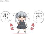  1girl bag black_ribbon bokukawauso brown_eyes chibi commentary_request dress full_body gashapon goma_(yoku_yatta_hou_jane) grey_hair grey_legwear kantai_collection kasumi_(kantai_collection) kneehighs long_hair long_sleeves open_mouth pinafore_dress plastic_bag red_ribbon remodel_(kantai_collection) ribbon shirt side_ponytail simple_background sleeveless sleeveless_dress solo standing translation_request twitter_username white_background white_shirt 