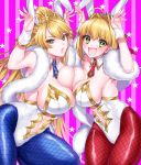  2girls ahoge animal_ears arms_up artoria_pendragon_(all) artoria_pendragon_(swimsuit_ruler)_(fate) asymmetrical_docking bangs blonde_hair blue_legwear blush breast_press breasts bunny_ears bunny_pose cleavage commentary_request detached_collar eyebrows_visible_through_hair fake_animal_ears fate/grand_order fate_(series) feather_boa fishnet_legwear fishnets green_eyes hair_ornament highleg highleg_leotard highres jewelry large_breasts leotard long_hair looking_at_viewer multiple_girls navel navel_cutout nero_claudius_(fate) nero_claudius_(fate)_(all) open_mouth red_legwear shiny shiny_clothes smile striped striped_background tiara tied_hair vertical_stripes wrist_cuffs yayoimaka03 