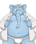  2019 absurd_res anthro belly blue_body blush bulge bullbluedog clothing elephant elephantid eyewear glasses hi_res humanoid_hands male mammal moobs navel nipples overweight overweight_male proboscidean simple_background solo underwear white_background 