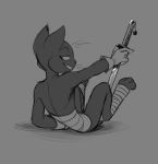  anthro bedroom black_body black_fur cartoon_network digitigrade domestic_cat felid feline felis fur grin hi_res inuxi katana looking_back male mammal mao_mao:_heroes_of_pure_heart melee_weapon monochrome sheriff_mao_mao_mao smile solo sword weapon 