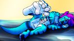  16:9 4_toes 5_fingers animal_genitalia anthro anus balls blue_body blue_fur fingers foot_focus fur genitals hair hi_res looking_at_viewer luka_vydra lutrine machetetigre male mammal muscular mustelid pawpads paws penis presenting sheath solo toes widescreen 