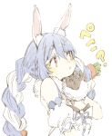 1girl :&lt; abara_heiki animal_ear_fluff animal_ears arm_cuffs black_gloves braid breasts bunny_ears bunnysuit carrot_hair_ornament dress eyebrows_visible_through_hair food_themed_hair_ornament fur-trimmed_gloves fur_scarf fur_trim gloves hair_between_eyes hair_ornament hololive light_blue_hair long_hair multicolored_hair red_eyes simple_background small_breasts solo thick_eyebrows traditional_media twin_braids twintails two-tone_hair upper_body usada_pekora virtual_youtuber white_background white_dress white_hair 