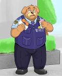  2019 absurd_res anthro belly blush bodily_fluids bottomwear bullbluedog canid canine canis clothing domestic_dog doughnut food hi_res male mammal outside overweight overweight_male pants police police_uniform shirt solo sweat text topwear uniform 