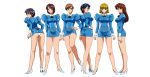  6+girls absurdres agent_aika aika_(series) ass bangs black_hair black_neckwear blonde_hair blue_delmo blue_delmo_b blue_delmo_s blue_delmo_t blue_delmo_u blue_delmo_v blue_delmo_w blue_hair blue_jacket blue_skirt breasts brown_eyes brown_hair closed_mouth covered_nipples cravat crotch_seam delmogeny_uniform full_body hand_on_hip high_heels highres jacket juliet_sleeves lineup long_sleeves medium_breasts multiple_girls panties pantyshot pantyshot_(standing) pencil_skirt puffy_sleeves red_hair short_hair skin_tight skirt solo standing taut_clothes transparent_background turnip007 underwear uniform white_panties 