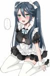 ... 1girl alternate_costume apron black_dress black_legwear blue_hair breasts bursting_breasts chigasaki_y cleavage commentary_request dress enmaided frilled_apron frilled_dress frills full_body green_eyes highres isuzu_(kantai_collection) kantai_collection large_breasts long_hair looking_at_viewer maid open_mouth simple_background sitting solo spoken_ellipsis thighhighs twintails waist_apron wariza white_apron white_background wrist_cuffs 