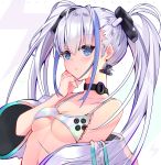  1girl bare_shoulders bikini_top blue_eyes breasts choker cleavage collarbone earrings game_console grey_jacket hair_ornament hand_up highres jacket jewelry long_hair looking_at_viewer mole mole_on_breast multicolored_hair nail_polish navel off_shoulder open_clothes open_jacket original parted_lips personification playstation sidelocks silver_hair small_breasts solo stomach streaked_hair twintails upper_body usagihime white_background wide_sleeves 