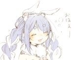  1girl =_= abara_heiki animal_ear_fluff animal_ears braid bunny_ears closed_eyes eyebrows_visible_through_hair fur_scarf hololive light_blue_hair long_hair multicolored_hair open_mouth simple_background sleepy solo thick_eyebrows twin_braids twintails two-tone_hair upper_body usada_pekora virtual_youtuber waking_up white_background white_hair 