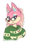  2020 animal_crossing anthro big_breasts blue_eyes breasts canid canine canis clothing eyewear female freya_(animal_crossing) fur glasses hi_res looking_at_viewer mammal nintendo pink_body pink_fur skwidbone solo video_games wolf 