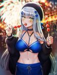  1girl alternate_costume backlighting bangs beret black_headwear black_jacket blue_bikini_top blue_hair blue_shorts blunt_bangs blurry blurry_background blush breasts cleavage collarbone cross_hair_ornament depth_of_field ear_piercing eyebrows_visible_through_hair facial_mark fireworks food fruit girls_frontline glint green_eyes hair_ornament hat highres hk416_(girls_frontline) holding holding_food jacket long_hair long_sleeves looking_at_viewer medium_breasts navel_piercing night noixen o-ring off_shoulder open_clothes open_jacket outdoors piercing shorts straight_hair strawberry underboob_cutout uniform very_long_hair 