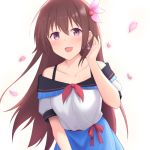  1girl :d adjusting_hair akahi242 blue_skirt blush bra_strap brown_hair cherry_blossoms earrings eyebrows_visible_through_hair flower hair_between_eyes hair_flower hair_ornament jewelry kantai_collection kisaragi_(kantai_collection) long_hair looking_at_viewer off-shoulder_shirt off_shoulder open_mouth petals purple_eyes red_ribbon ribbon seashell_earrings shirt short_sleeves simple_background skirt smile solo upper_body white_background white_shirt 