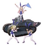  3girls andou_(girls_und_panzer) animal_ears arm_up bangs bc_freedom_(emblem) black_hair blonde_hair blue_eyes blue_footwear blue_leotard blue_neckwear bow bowtie breasts brown_eyes bunny_ears bunny_tail bunnysuit cleavage collar commentary dark_skin dessert detached_collar drill_hair emblem fake_animal_ears fake_tail fighting_stance flag food fork ft-17 girls_und_panzer green_eyes grin ground_vehicle heart high_heels holding holding_fork holding_saucer katahira_masashi leotard long_hair looking_at_another marie_(girls_und_panzer) medium_hair messy_hair military military_vehicle motor_vehicle multiple_girls open_mouth oshida_(girls_und_panzer) pantyhose shoulder_grab simple_background sitting smile standing strapless strapless_leotard tail tank white_background white_collar white_legwear wing_collar wrist_cuffs 