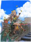  1girl animal_ears black_gloves bug butterfly cloud dark_skin erune flower flower_pot gloves granblue_fantasy hair_flower hair_ornament highres insect long_hair nemone one_eye_closed sitting sitting_on_wall smile umou_(user_xxhp7583) 